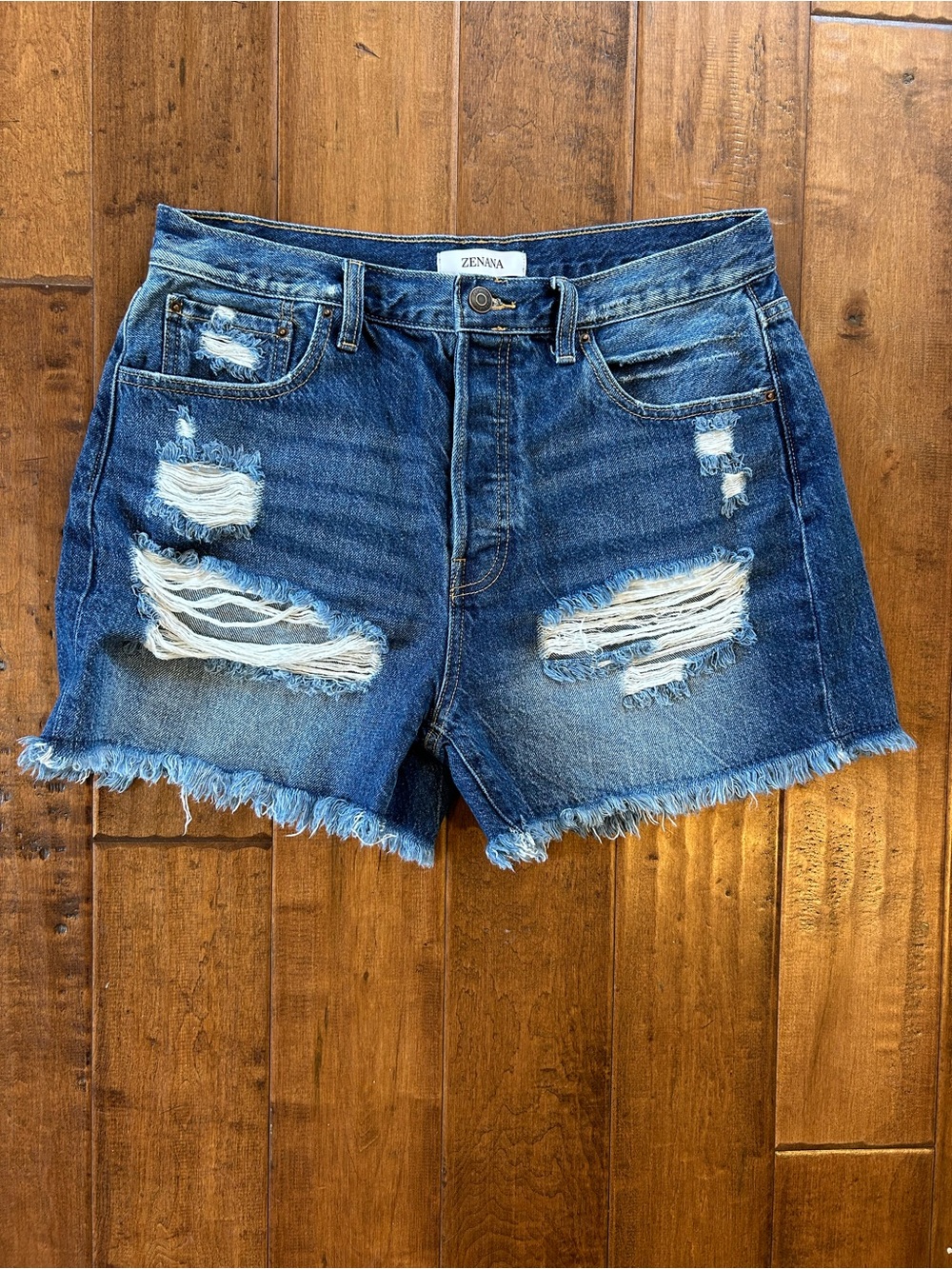 Zenana Outfitters Distressed Dark Blue Denim Cutoff Shorts
